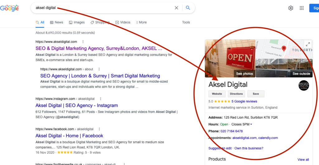 Searching your business on google to see your information the right hand side of the serp page.