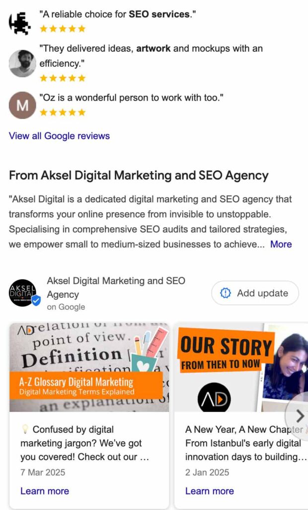 reviews of aksel digital on google business profile alongside with their news