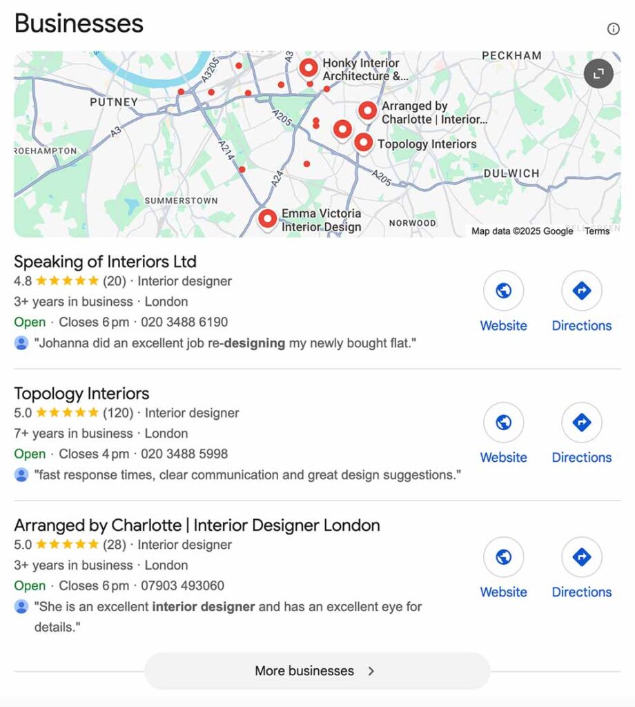 Case study for local SEO, showing Speaking of Interiors at the top of the local pack for "Interior designer clapham" search