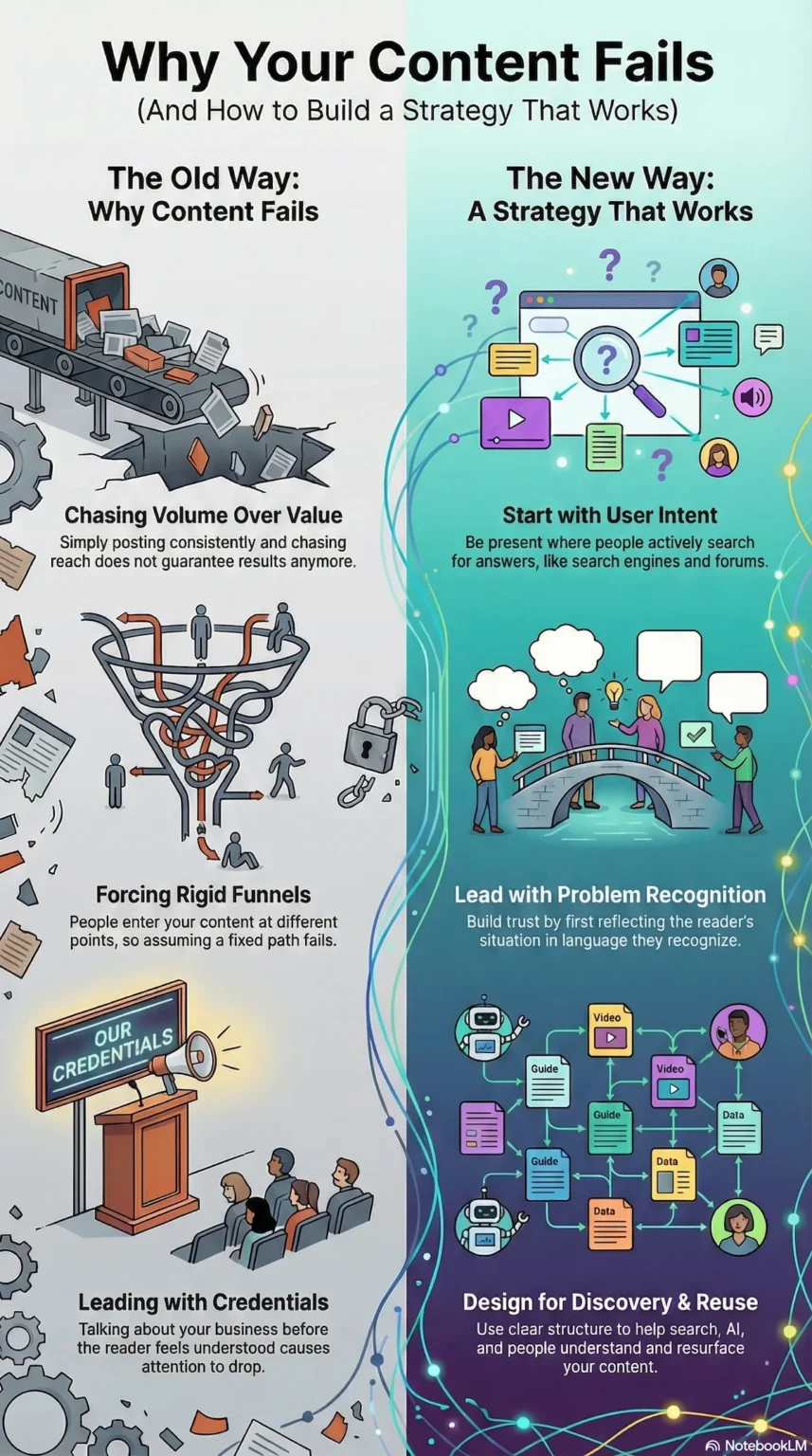 Infographic showing how to build content strategy that succeeds
