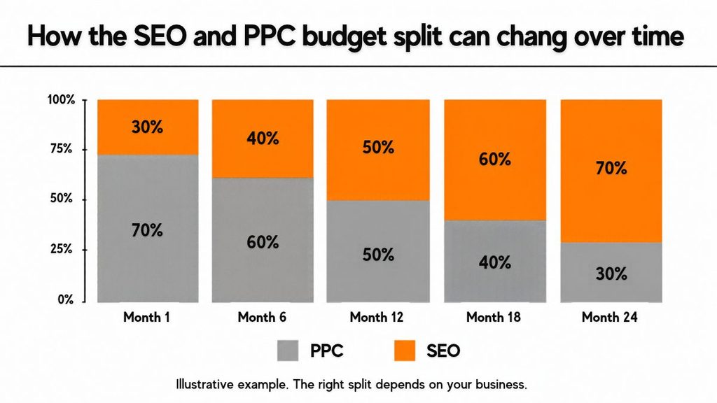 Illustrative chart showing marketing budget shifting from PPC towards SEO as organic rankings grow