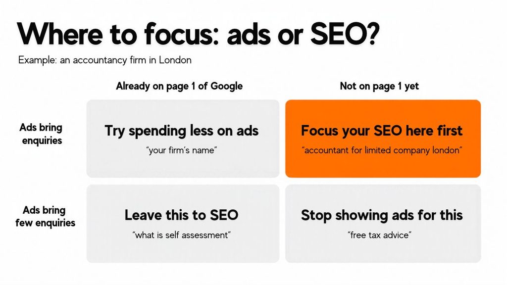Grid showing when to focus on ads or SEO, based on Google ranking and ad enquiries, with accountancy firm examples